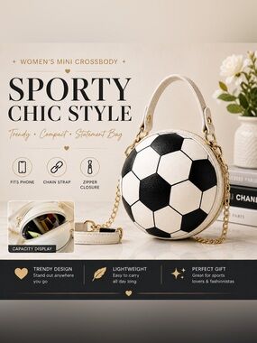 Soccer Ball Crossbody Purse Sporty Chic Statement Bag Gold Chain Mini Bag